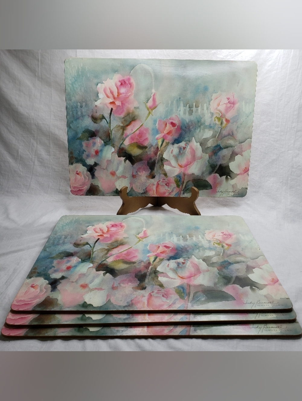 Four Vintage Judy Buswell Placemats Watercolor Roses Cork Bottom 1990s